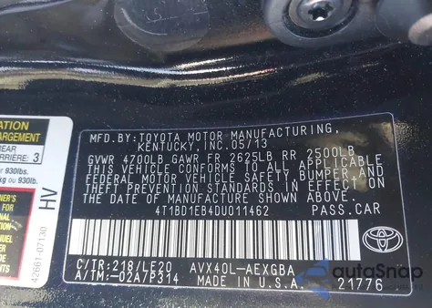 2013 Toyota Avalon Hybrid Xle Touring from USA, damaged, VIN 4T1BD1EB4DU011462